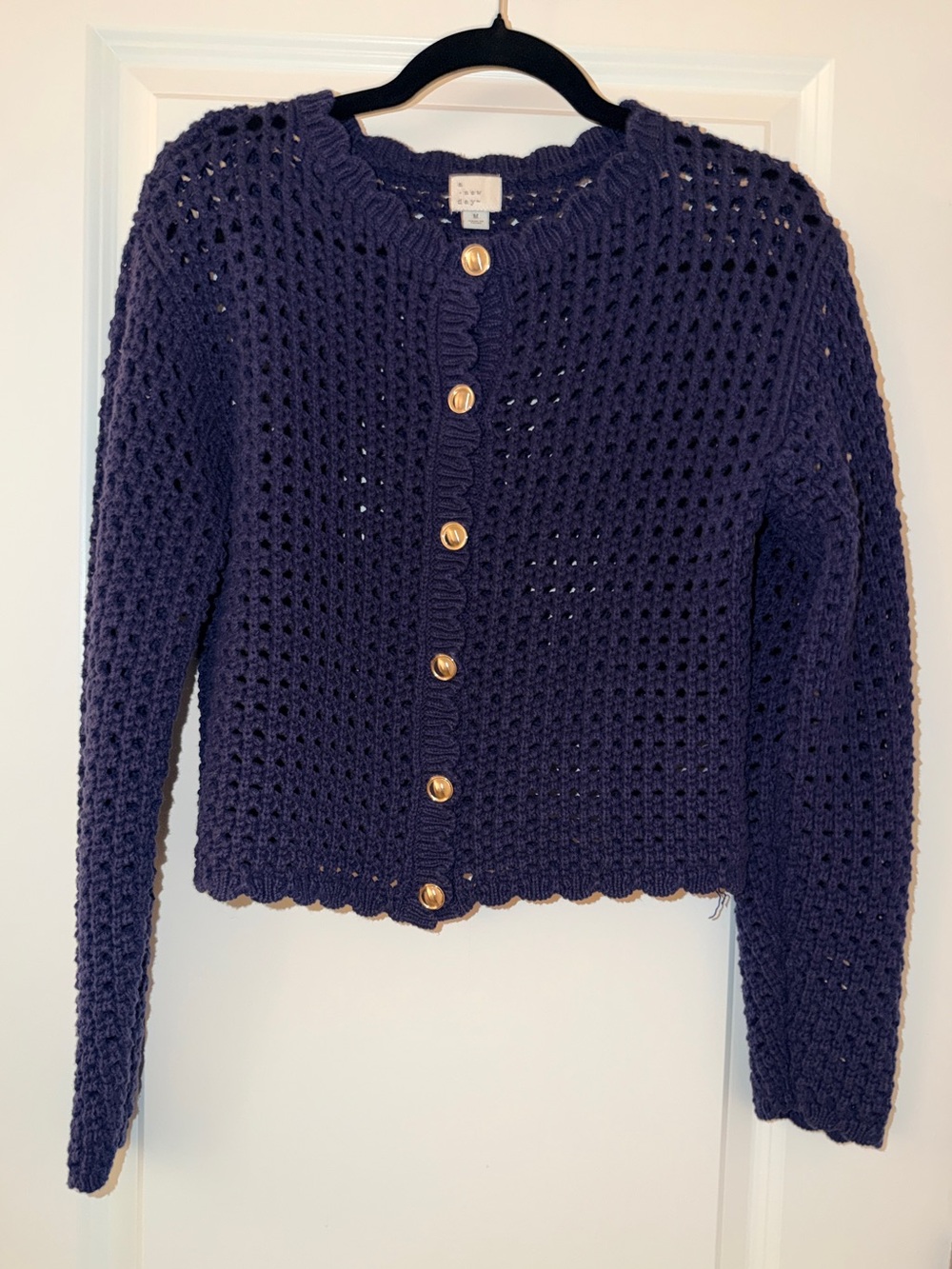 a new day Navy Crochet Gold Button Cardigan Sweater